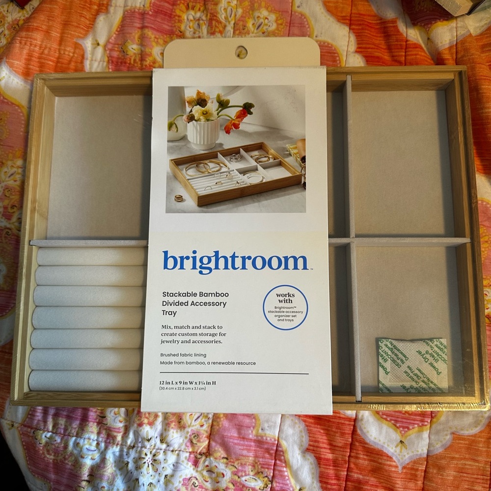 🩷 NWT Brightroom Bamboo Divided Jewelry & Accessory Organizer Tray 12” x 9”